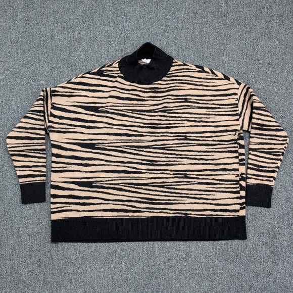 THML Modern Tiger Animal Print Mock Neck Sweater S Tan Black Oversized Knit — photo 2